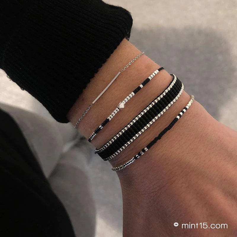 Dames armbanden set fijn zwart in zilver