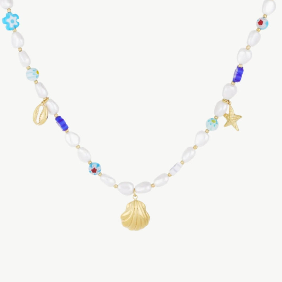 Goudkleurige Imitatieparel ketting met schelpen
