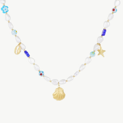 Goudkleurige Imitatieparel ketting met schelpen